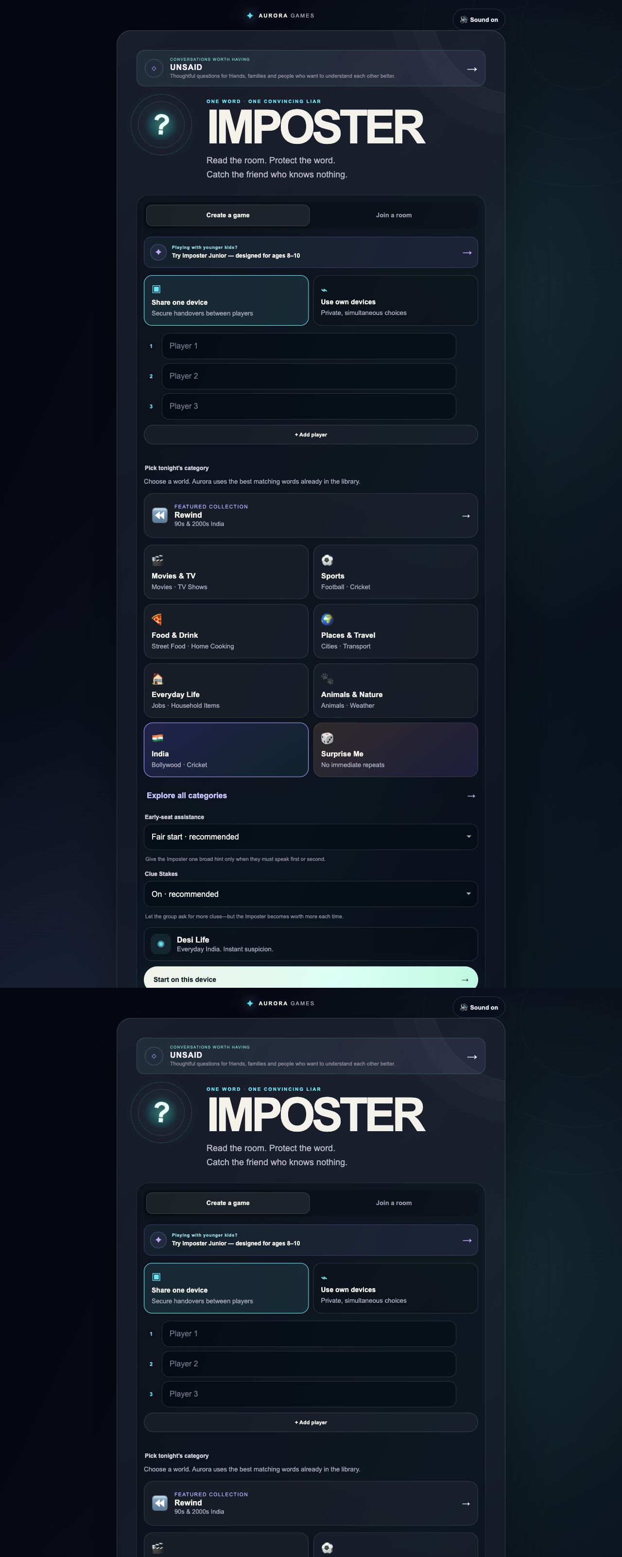 Aurora Imposter create-game screen showing shared-device and own-device options